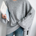 Stretch Mohair-Blend Balloon Sleeves Loose Solid Round-Neck Sweater Tops