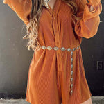 Ribbed Corduroy V Neck Button Front Romper