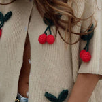 Short Sleeves Button Up Cherry Decorative Knit Sweater