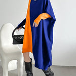 Batwing Sleeves Hipster Asymmetric Contrast Color Split-Joint High-Neck Midi Dresses Sweater Dresses
