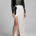 Elegant High-neck Long-sleeved Loose Top and Cross-strap High-slit Maxi Skirt Set