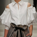 Long Sleeves Loose Pleated Solid Color Cold Shoulder Blouses&Shirts Tops