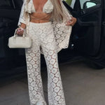 Holiday Crochet Flowers Lace Short Sleeve Shirt and Elastic Waist Wide Leg Pants Set