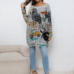 Casual Long Sleeves Loose Cartoon Printed Contrast Color Round-Neck Sweater Tops
