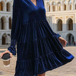 A-Line Long Sleeves Pleated Solid Color Velvet V-Neck Mini Dresses