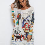 Casual Long Sleeves Loose Cartoon Printed Contrast Color Round-Neck Sweater Tops