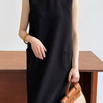 High Waisted Loose Pockets Solid Color Split-Back Zipper Round-Neck Midi Dresses