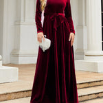 Long Sleeves Wrap Belted Pleated Solid Color Zipper Round-Neck Maxi Dresses