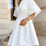 A-line High Waisted Elasticity Hollow Solid Color V-neck Mini Dresses