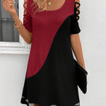 A-Line Loose Contrast Color Hollow Mesh Split-Joint Cold Shoulder Mini Dresses