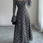 A-Line Flared Sleeves Contrast Color High-Waisted Plaid Square-Neck Maxi Dresses