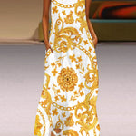 A-Line Loose Contrast Color Pockets Printed Split-Joint V-Neck Maxi Dresses