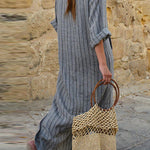 Cotton and linen yarn-dyed striped loose long dress