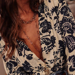 Black Boho Floral Pleated V Neck Lantern Sleeve Shirt
