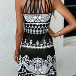 Loose Sleeveless Hollow Printed Split-Joint Halter-Neck Mini Dresses