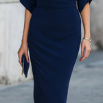 Elegant Navy Blue Batwing Sleeve Midi Sheath Dress