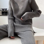 Urban Loose Solid Round-Neck Split-Side Sweater& Wide Leg Pants Suits