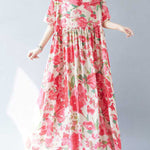 A-line Batwing Sleeves Flower Print Pleated Split-Joint Round-neck Midi Dresses