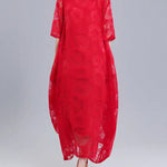 A-Line Half Sleeves Flower Print See-Through Solid Color Round-Neck Midi Dresses