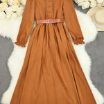 A-Line Elasticated Waist Belted Buttoned Contrast Color Pleated Split-Joint Stand Collar Maxi Dresses Shirt Dress