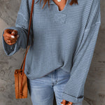 Dusk Blue Waffle Split V Neck Drop Shoulder Long Sleeve Top