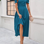 A-Line High Waisted Pleated Solid Color Zipper V-Neck Maxi Dresses