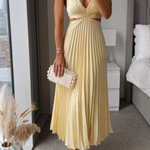 V Neck Cut Out Waist Sleeveless Pleated Maxi Dress