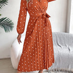 A-Line High Waisted Elasticity Pleated Polka-Dot Split-Joint Tied Waist V-Neck Midi Dresses Shirt Dress