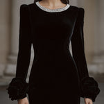 Elegant Velvet Mini Dress With Embellished Neckline And Floral Cuff Detail