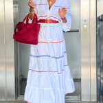 A-Line Long Sleeves Buttoned Contrast Color Elasticity Mock Neck Maxi Dresses