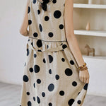 Loose Sleeveless Contrast Color Pleated Polka-Dot Split-Joint Tied Waist Round-Neck Midi Dresses