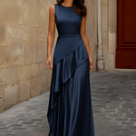 Satin Sleeveless Maxi Dress With Asymmetric Draping