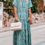 Sky Blue Paisley Print Split V Neck Tiered Boho Maxi Dress