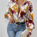 Long Sleeves Loose Buttoned Elasticity Flower Print Pleated Lapel Blouses&Shirts Tops