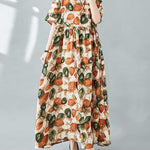 Half Sleeves Loose Pleated Printed Split-Joint Round-Neck Midi Dresses