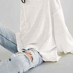 Long Sleeves Loose Fringed Solid Color Split-Joint Split-Side Round-Neck Sweatershirt