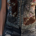Vintage Boho Zip-Front Velvet Patchwork Floral Lace Vest