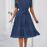 A-Line Elasticated Waist Contrast Color Polka Dot Split-Joint Tied Waist Round-Neck Midi Dresses