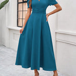 A-Line High Waisted Pleated Solid Color Zipper V-Neck Maxi Dresses