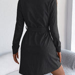 Elasticated Waist Long Sleeves Belted Buttoned Single-Breasted Solid Color Lapel Collar Mini Dresses Shirt Dress