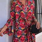 Grace Given Floral Ruffle Bell Sleeve Button Tie-up Waist Shirt