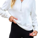 Waffle zipper V-neck pullover long-sleeved sweater