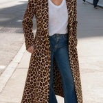Leopard Print Long Sleeve Pocket Casual Maxi Trench Coat