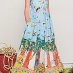 Summer Energy Linen Blend Unique Print Smocked Back Pocketed Midi Dress