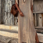 OFELIA Beige Woven Lapel Long Shirt Dress