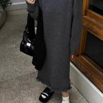 High Waisted Long Sleeves Fringed Solid Color Round-Neck Midi Dresses Sweater Dresses