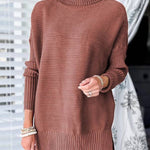 Mineral Red Turtleneck Ribbed Knit Tunic Sweater