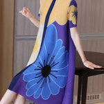 A-Line Loose Buttoned Flower Print Pleated Round-Neck Midi Dresses