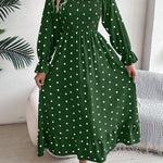 High Waisted Long Sleeves Pleated Polka Dot Ruffled Square-Neck Maxi Dresses Shirt Dress