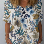 Women's Artistic Floral Pattern Cotton and Linen Short Sleeve Top